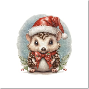 cute little hedgehog wearing a santa hat Posters and Art